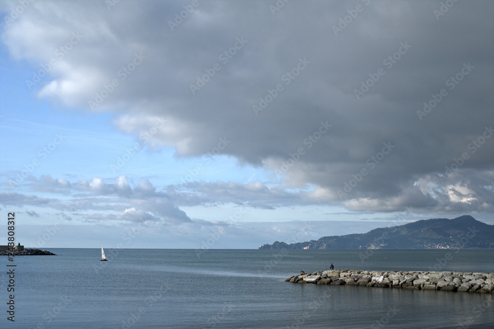 boat on the sea,panorama,Portofino,Italy,horizon,coast,view,sail,clouds