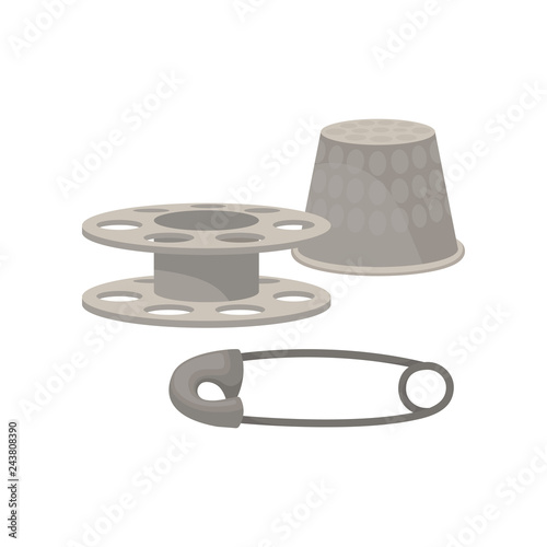 Metal spool, thimble and sewing pin. Accessories for tailoring. Tools for sewing clothes. Flat vector design