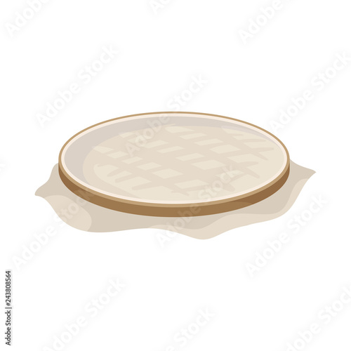 Brown wooden hoop for embroidery with white fabric. Tool for cross stitch. Flat vector design