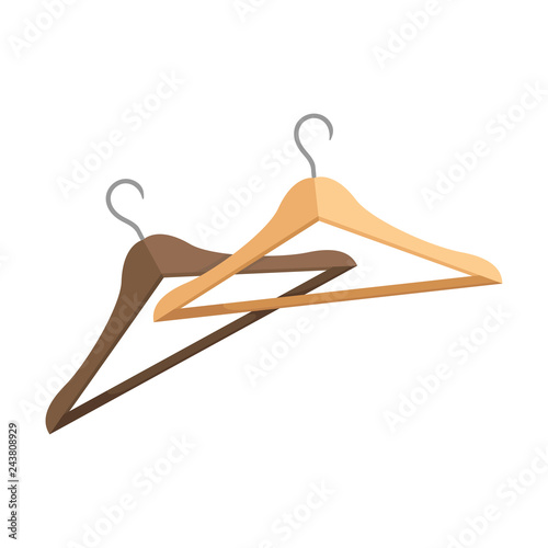 Two wooden clothes hangers with metal hooks. Dressmaking theme. Flat vector elements for poster of tailoring atelier