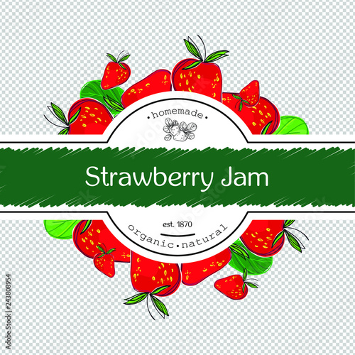 Hand-drawing strawberry jam packing label design. Strawberry logo design element. Isolated vector illustration