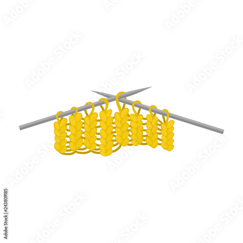 Yellow knitted fabric on metal needles. Hobby theme. Flat vector for tutorial book or poster of handicraft store