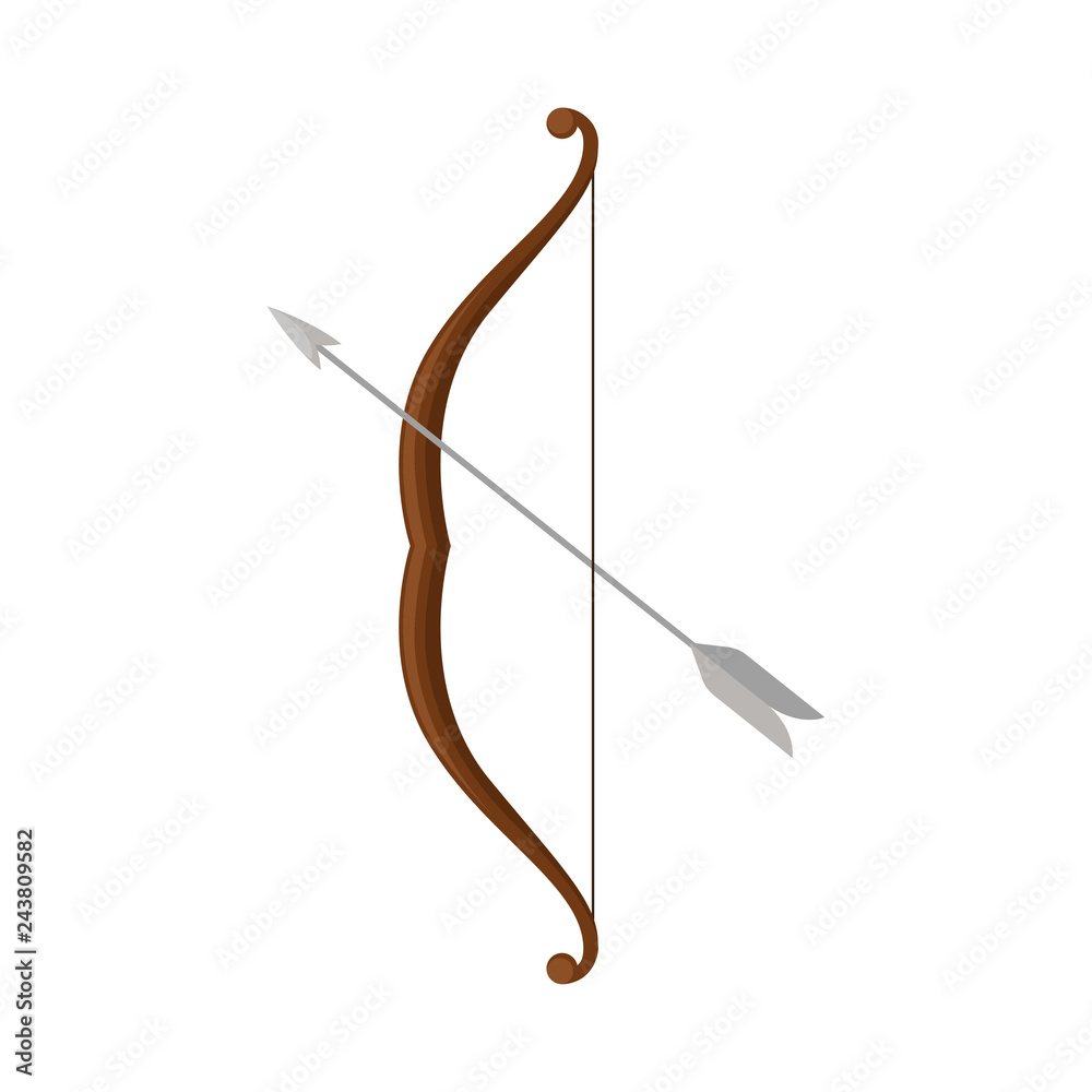 Wooden bow with gray steel arrow. Weapon used both for hunting and in battle. Flat vector design Wooden bow with gray steel arrow. Weapon used both for hunting and in battle. Flat vector design