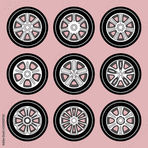 Various car wheel types. Vector illustration