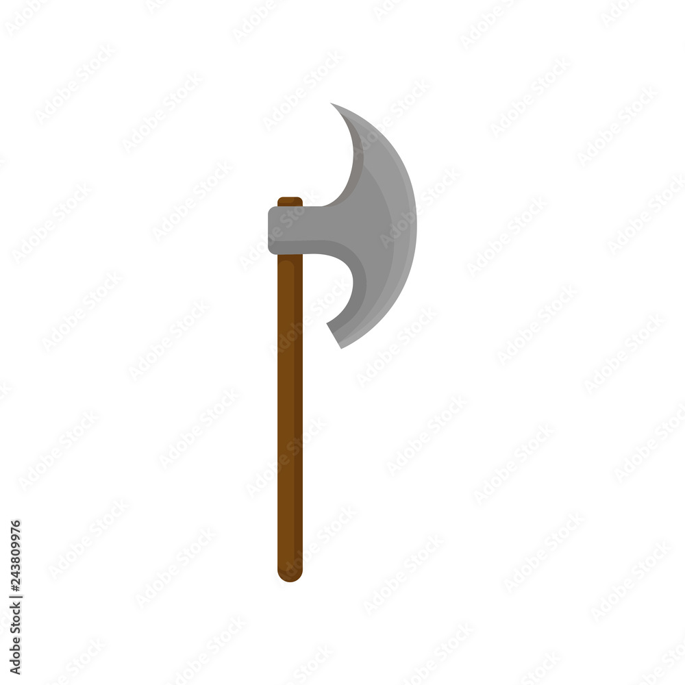 Old battle-ax with brown wooden grip. Weapon of vikings. Medieval arms. Flat vector design Old battle-ax with brown wooden grip. Weapon of vikings. Medieval arms. Flat vector design