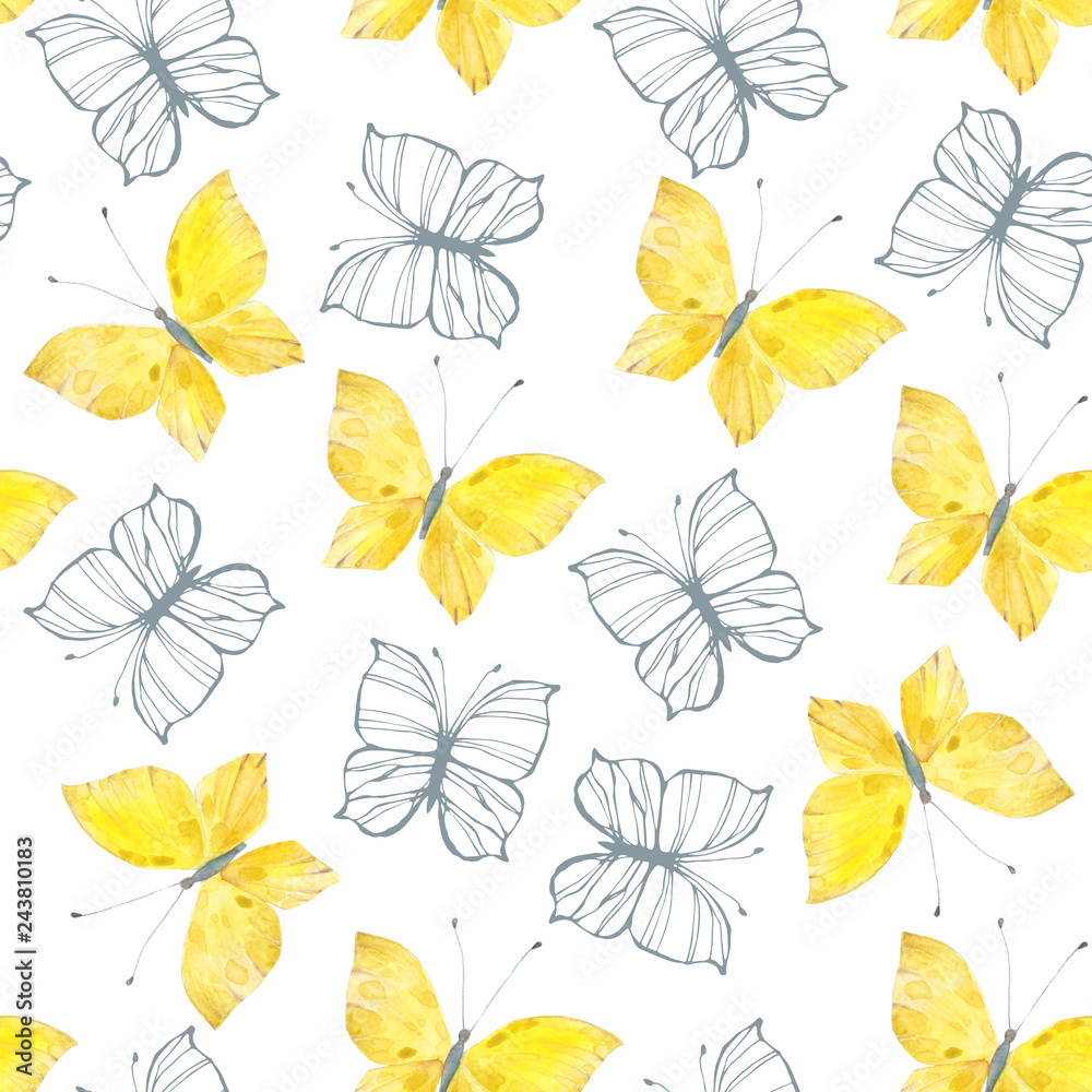 Seamless pattern with butterflies on white background.