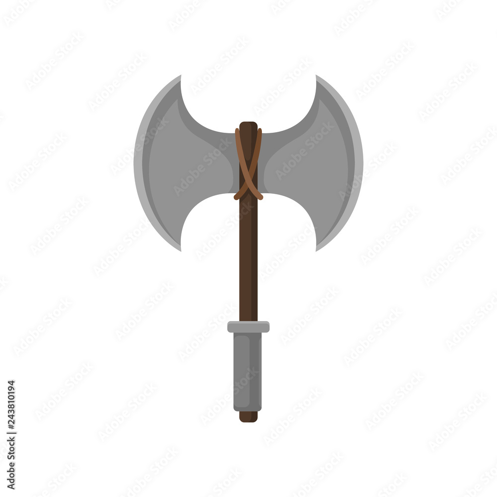 Doublebladed battle axe with wooden handle. Dangerous weapon. Viking arms. Flat vector icon