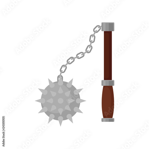 Flail weapon with brown wooden grip and steel spiked ball on chain. Medieval arms. Flat vector design