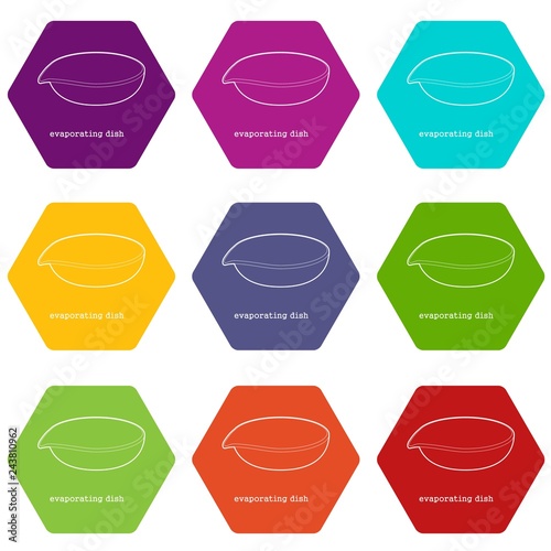 Evaporating dish icons 9 set coloful isolated on white for web