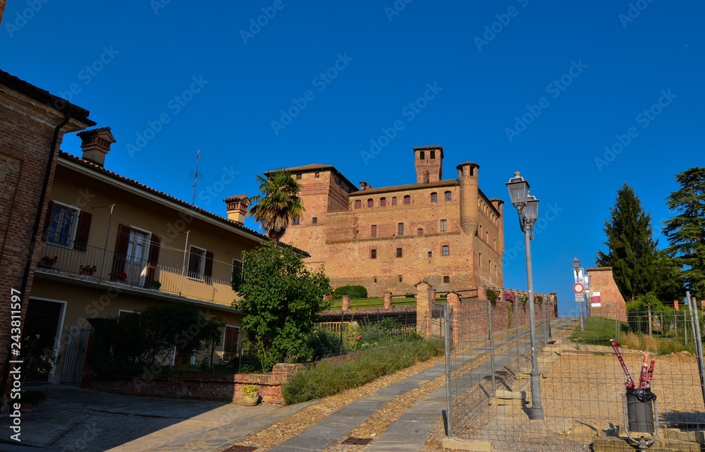 Grinzane Cavour, Piedmont, Italy. July 2018. The majestic castle made of red bricks.