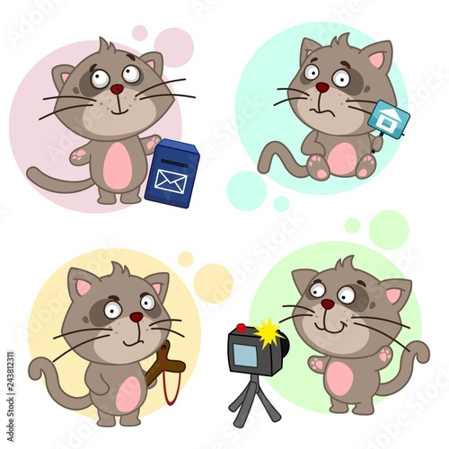 The third part of the collision of icons with cats for design. A cat stands near the mailbox, a bad cat with a slingshot, a cat with a sign on which the house is painted, a cat with a camera is photog