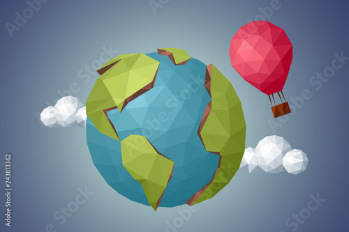 Around the world in a balloon, low poly vector illustration