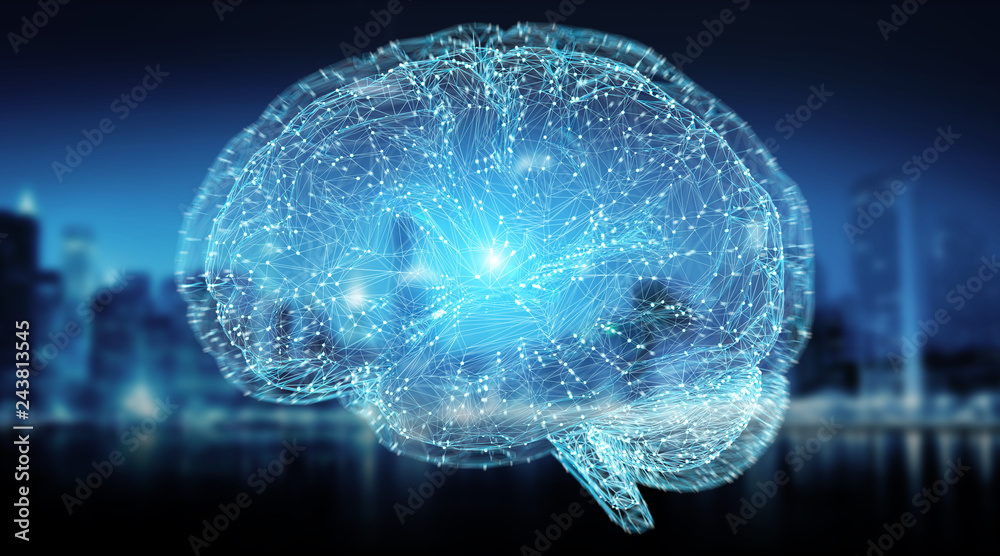 Digital 3D projection of a human brain 3D rendering - obrazy, fototapety, plakaty 