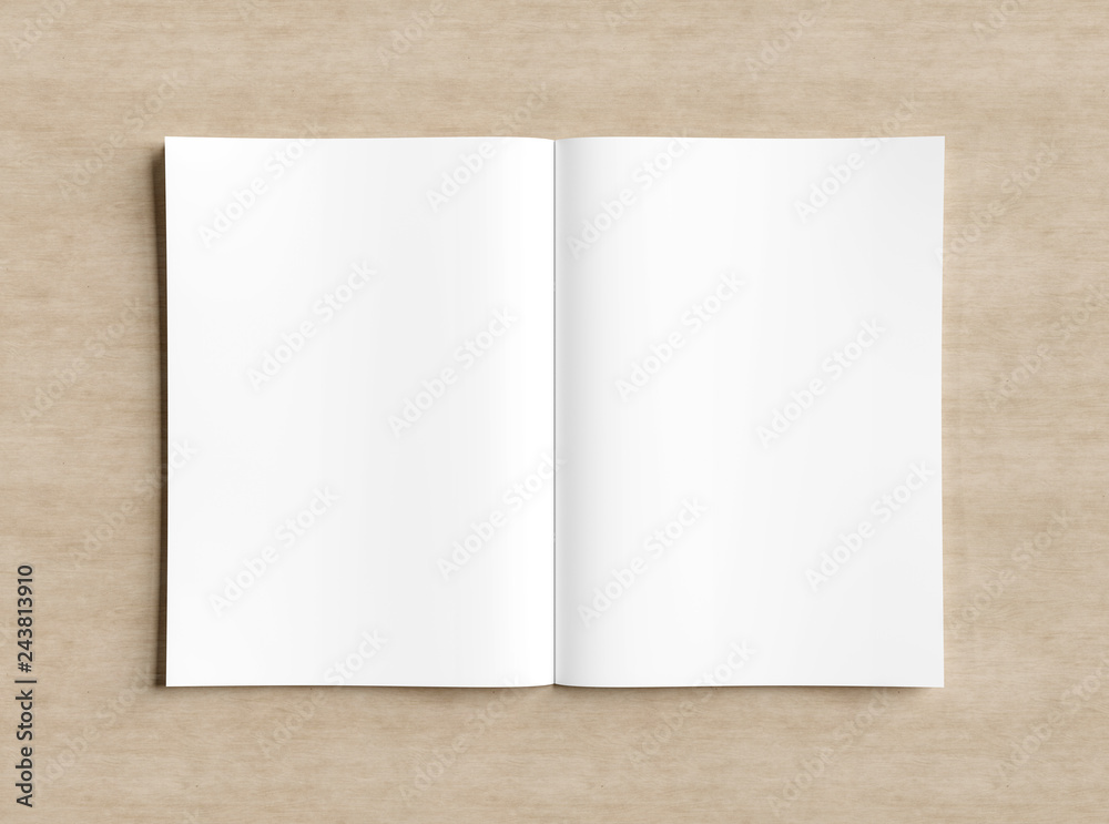 White open magazine mockup on wooden 3D rendering White open magazine mockup on wooden 3D rendering