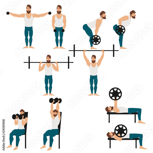 Bearded man doing workout vector illustration. Bearded man doing lateral raise, bent-over row, bench press, dumbbell overhead press, overhead press vector illustration.
