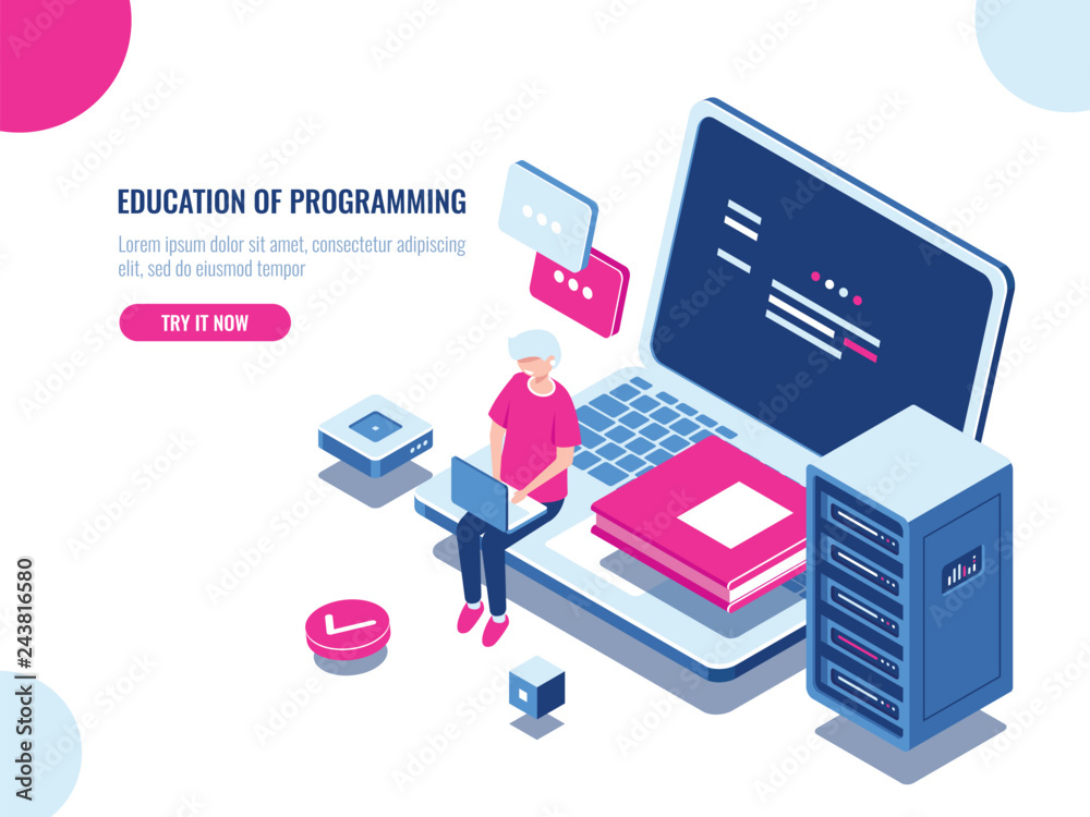 Education of programming, young man work on laptop, online learning and internet course, server room and data center engineer, cloud storage cartoon vector Education of programming, young man work on laptop, online learning and internet course, server room and data center engineer, cloud storage cartoon vector