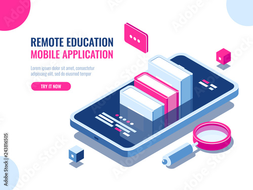 Tutorial on mobile phone application, online education, internet course, data searching, archive ebook cartoon flat vector