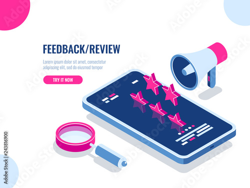 Feedback and review on mobile application, recommendation message, reputation on the Internet, mobile digital advertising isometric vector