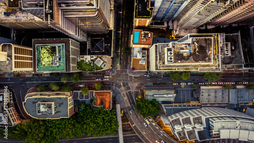 City streets at dusk as seen from above. Aerial photograph