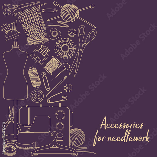 Set of tools for needlework and sewing. Handmade equipment and needlework accessories, line cartoon illustration. Vector