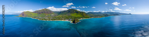 Aerial panorama of the west coast of Oahu near Makaha Valley, Hawaii