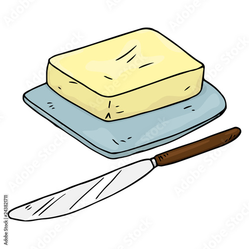 Butter hand drawn. Vector of a piece of butter with a knife. Butter with knife icon.