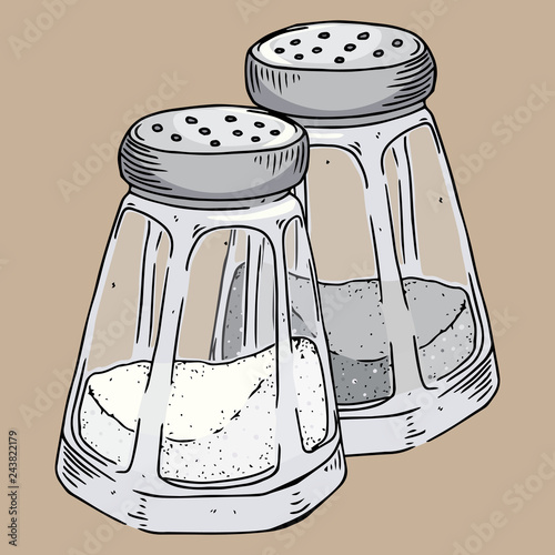 Jar of salt and pepper hand drawn. Vector illustration of a jar of spices. Icon pepper.