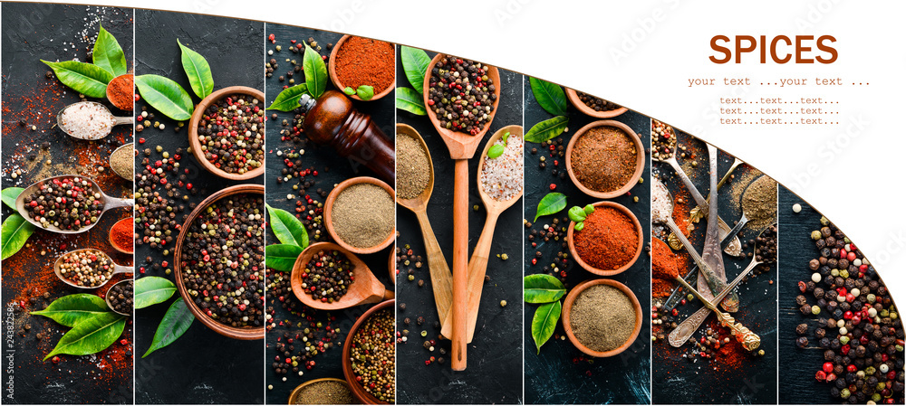 Background of spices. Photo collage of pepper and spices. Top view. On a black background.