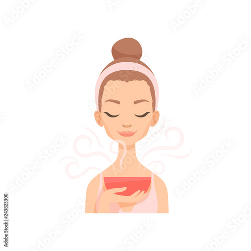 Attractive young woman caring for her face with steam, facial treatment procedure vector Illustration