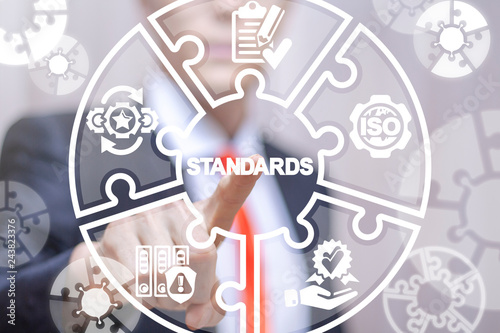 Standards compliant check business concept. Quality assurance and control technology system. ISO.