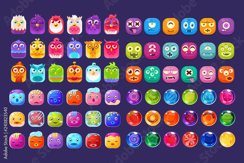 Collection of colorful glossy figures of different shapes, user interface assets for mobile apps or video games vector Illustration