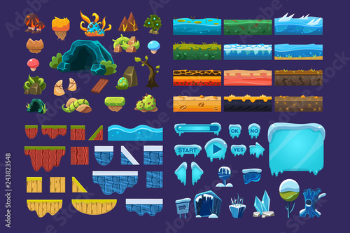 Collection of summer and winter fantasy landscape elements, user interface assets for mobile apps or video games vector Illustration