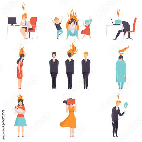Exhausted tired people with burning brains set, emotional burnout concept, stress, headache, depression, psychological problems vector Illustration