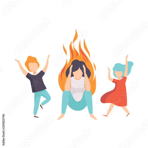 Stressed tired mother and her kids, woman on fire, emotional burnout concept, stress, headache, depression, psychological problems vector Illustration