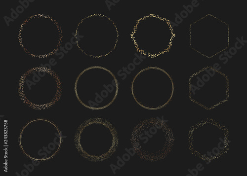 Set Golden circle confetti frames. Festive gold sparkle border, round and hexagons spotted frames. Template for wallpaper, banner, flyer, poster, card, invitations, logo