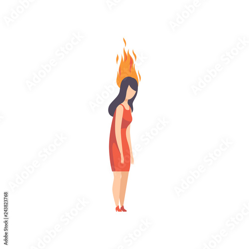 Exhausted tired young woman with burning brain, emotional burnout concept, stress, headache, depression, psychological problems vector Illustration