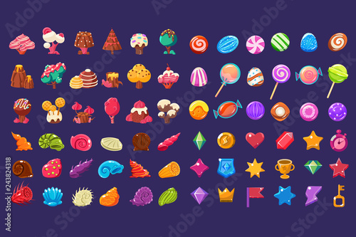 Colorful jelly glossy figures of different shapes, sweet candy land cute fantasy elements, sweets, candies user interface assets for mobile apps or video games vector Illustration