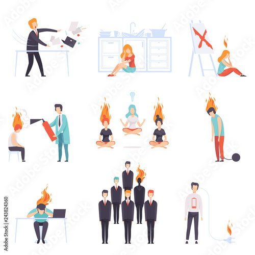 Exhausted men and women with burning brains set, people of different professions, emotional burnout concept, stress, headache, depression, psychological problems vector Illustration