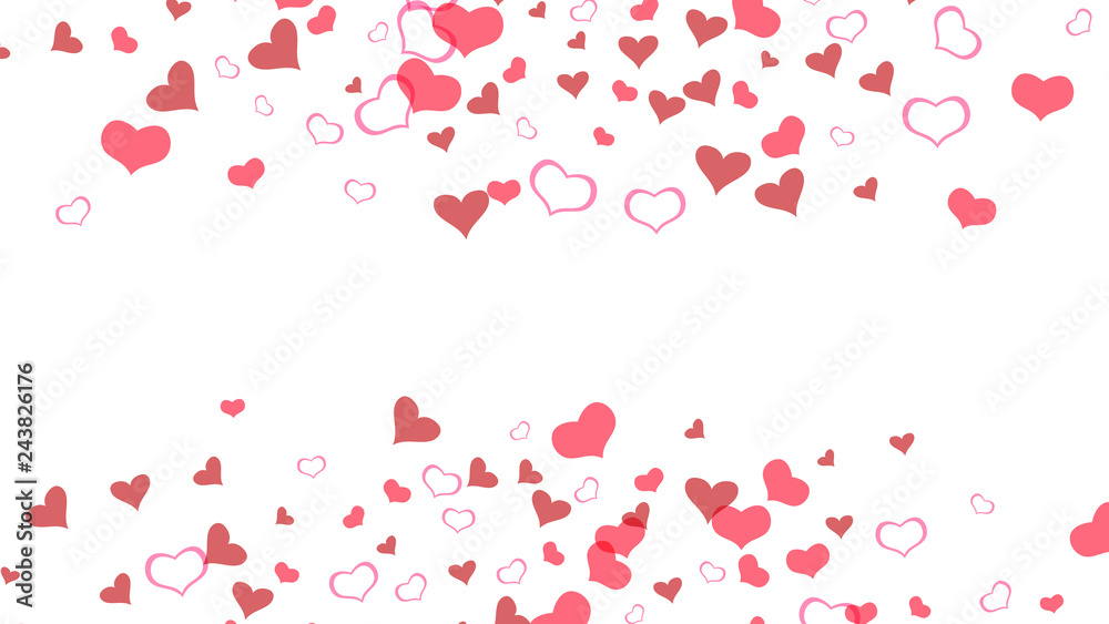 Red hearts of confetti are falling. Light background. Part of the design of wallpaper, textiles, packaging, printing, holiday invitation for Valentine's Day. Red on White background Vector.