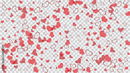 Red hearts of confetti are falling. Happy background. Red on Transparent background Vector. The idea of wallpaper design, textiles, packaging, printing, holiday invitation for wedding.