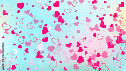 Red hearts of confetti are flying. Happy background. Red on Ggradient background Vector. Part of the design of wallpaper, textiles, packaging, printing, holiday invitation for Valentine's Day.