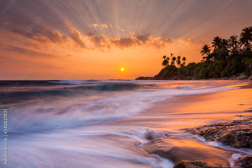 Obraz premium Romantic sunset on a tropical beach with palm trees