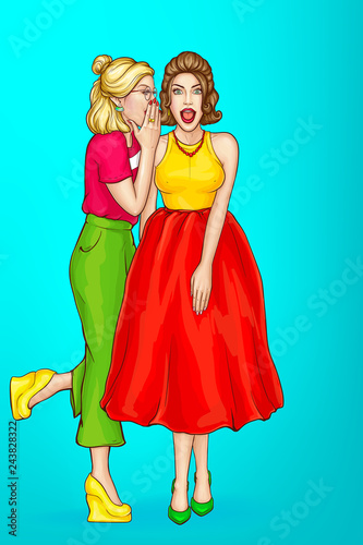 Vector pop art pretty blonde woman whispers secret to her friends ear. Gossip of girls about sales, shopping. The shocked, excited character with open mouth and big breast isolated on blue background.