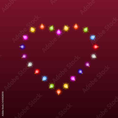 Cute heart lightbulb on dark red background.