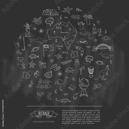 Hand drawn doodle Australia icons set Vector illustration isolated symbols collection of australian symbols Cartoon elements: map, flag, opera house, bbq, kangaroo, bridge, coral reef, snake, shark