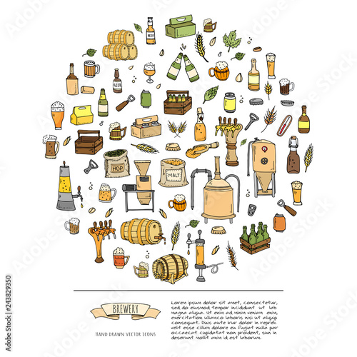 Hand drawn doodle set of Brewery icons. Vector illustration set. Cartoon Craft Beer production symbols. Sketchy brewing elements collection: pub equipment, malt, hop, glass, barrel, mill, beer tap.