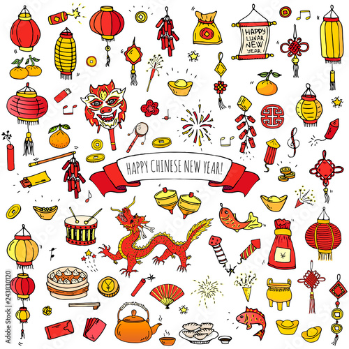 Hand drawn doodle Happy Chinese New Year icons set. Vector illustration. Asian lunar festival collection. Cartoon sketch celebration elements: firecracker, golden coin, money envelope, dragon, lantern