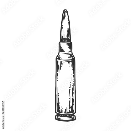 Firearms cartridge for automatic rifle machine gun engraving vector illustration. Scratch board style imitation. Black and white hand drawn image.