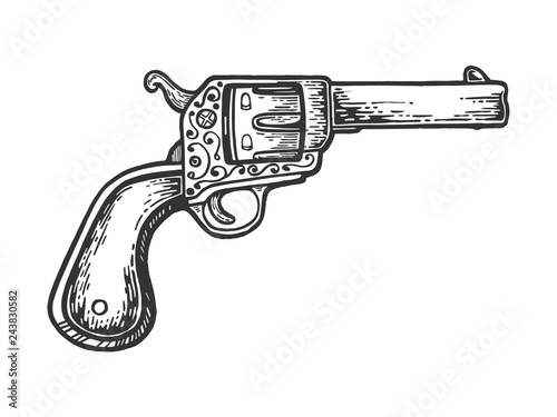 Vintage cowboy revolver hand gun engraving vector illustration. Scratch board style imitation. Black and white hand drawn image.