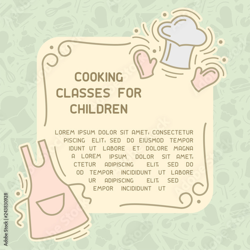 Cooking course advertising with sample text. Doodle style vector illustration with vintage elements. Suitable for advertising,master class invitation or book design